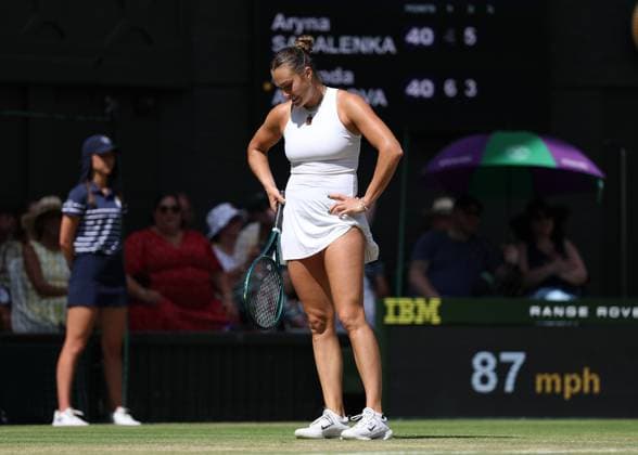 10th July 2025; All England Lawn Tennis and Croquet Club, London, England; Wimbledon Tennis Tournament, Day 11; Aryna Sabalenka (BLR) hands on hips after losing another vital point to Amanda Anisimova (USA) during their womens singles semi-final match  ActionPlus12812147 JohnxPatrickxFletcher