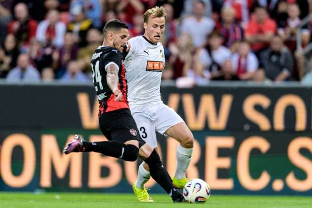 250710 Kristian Kostrna of Spartak Trnava and Sigge Jansson of Häcken during the UEFA Europa League qualifier football match between Spartak Trnava and Häcken on July 10, 2025 in Trnava. Photo: Mathilda Schuler BILDBYRAN kod MA MA0843 fotboll football soccer fotball uefa europa league europa league spartak trnava häcken bbeng Copyright: MATHILDAxSCHULER BB250710MA066