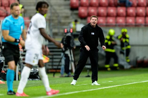 250710 Coach Jens Gustafsson of Häcken during the UEFA Europa League qualifier football match between Spartak Trnava and Häcken on July 10, 2025 in Trnava. Photo: Mathilda Schuler BILDBYRAN kod MA MA0843 fotboll football soccer fotball uefa europa league europa league spartak trnava häcken bbeng Copyright: MATHILDAxSCHULER BB250710MA071