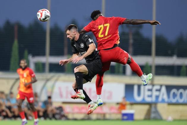 Franklin Sasere (top right) of Birkirkara is in action during the UEFA Conference League First qualifying round, 1st leg soccer match between Birkirkara and Petrocub at the Centenary Stadium, in Ta Qali, Malta, 10 July 2025. UEFA Conference League - Birkirkara FC v Petrocub