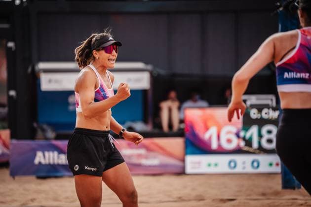 Beachvolleyball Frauen Allianz German Beach Tour 2025 Tourstop München 10.07.2025 Leonie Klinke jubelt München Zentraler Hochschulsport Münche Bayern Deutschland