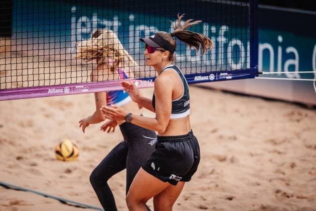 Beachvolleyball Frauen Allianz German Beach Tour 2025 Tourstop München 10.07.2025 Leonie Klinke freut sich München Zentraler Hochschulsport Münche Bayern Deutschland
