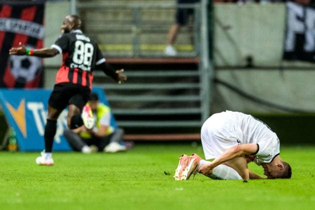 250710 Cedric Badolo of Spartak Trnava and Adrian Svanbäck of Häcken during the UEFA Europa League qualifier football match between Spartak Trnava and Häcken on July 10, 2025 in Trnava. Photo: Mathilda Schuler BILDBYRAN kod MA MA0843 fotboll football soccer fotball uefa europa league europa league spartak trnava häcken bbeng Copyright: MATHILDAxSCHULER BB250710MA097