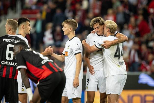 SPARTAK TRNAVA - HACKEN Silas Andersen, Harry Hilvenius of Hacken celebrate during the 1st leg of first qualifying round of the UEFA Europa League football match between FC Spartak Trnava and BK Hacken. Trnava, Slovakia, July 10, 2025. Copyright: xx 080A0926