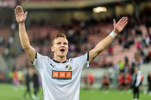 250710 Marius Lode of Häcken celebrates after the UEFA Europa League qualifier football match between Spartak Trnava and Häcken on July 10, 2025 in Trnava. Photo: Mathilda Schuler BILDBYRAN kod MA MA0843 fotboll football soccer fotball uefa europa league europa league spartak trnava häcken bbeng jubel Copyright: MATHILDAxSCHULER BB250710MA105