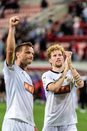 250710 Simon Gustafson of Häcken celebrates after the UEFA Europa League qualifier football match between Spartak Trnava and Häcken on July 10, 2025 in Trnava. Photo: Mathilda Schuler BILDBYRAN kod MA MA0843 fotboll football soccer fotball uefa europa league europa league spartak trnava häcken bbeng jubel Copyright: MATHILDAxSCHULER BB250710MA135