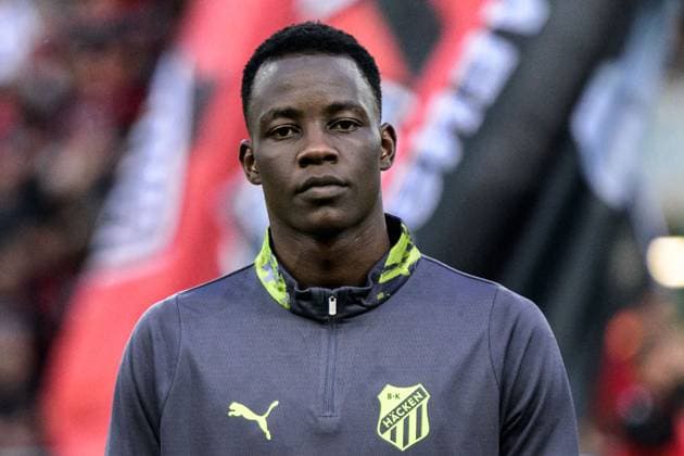 250710 John Paul Dembe of Häcken ahead of the UEFA Europa League qualifier football match between Spartak Trnava and Häcken on July 10, 2025 in Trnava. Photo: Mathilda Schuler BILDBYRAN kod MA MA0843 fotboll football soccer fotball uefa europa league europa league spartak trnava häcken bbeng Copyright: MATHILDAxSCHULER BB250710MA154