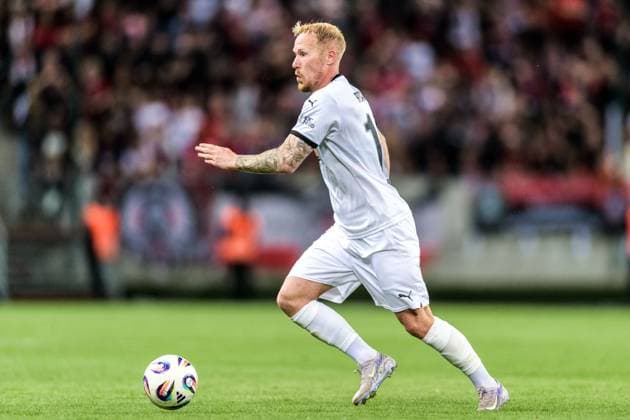 250710 Mikkel Rygaard Jensen of Häcken during the UEFA Europa League qualifier football match between Spartak Trnava and Häcken on July 10, 2025 in Trnava. Photo: Mathilda Schuler BILDBYRAN kod MA MA0843 fotboll football soccer fotball uefa europa league europa league spartak trnava häcken bbeng Copyright: MATHILDAxSCHULER BB250710MA163