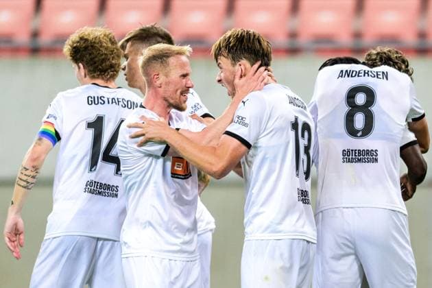 250710 Mikkel Rygaard Jensen and Sigge Jansson of Häcken celebrate 0-1 by Severin Nioule of Häcken (not in picture) during the UEFA Europa League qualifier football match between Spartak Trnava and Häcken on July 10, 2025 in Trnava. Photo: Mathilda Schuler BILDBYRAN kod MA MA0843 fotboll football soccer fotball uefa europa league europa league spartak trnava häcken bbeng jubel Copyright: MATHILDAxSCHULER BB250710MA166