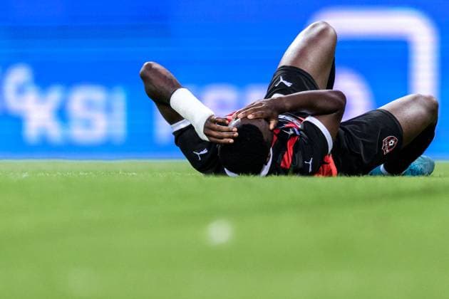250710 Patrick Nwadike of Spartak Trnava during the UEFA Europa League qualifier football match between Spartak Trnava and Häcken on July 10, 2025 in Trnava. Photo: Mathilda Schuler BILDBYRAN kod MA MA0843 fotboll football soccer fotball uefa europa league europa league spartak trnava häcken bbeng Copyright: MATHILDAxSCHULER BB250710MA184