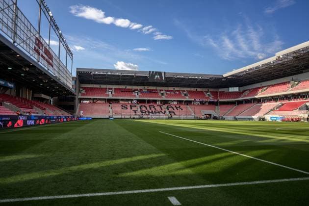 250710 General view of Anton Malatinsky Stadium ahead of the UEFA Europa League qualifier football match between Spartak Trnava and Häcken on July 10, 2025 in Trnava. Photo: Mathilda Schuler BILDBYRAN kod MA MA0843 fotboll football soccer fotball uefa europa league europa league spartak trnava häcken bbeng interiör Copyright: MATHILDAxSCHULER BB250710MA199