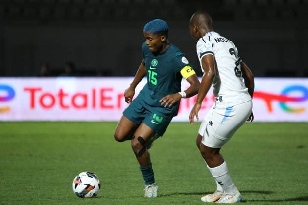 CASABLANCA, MOROCCO - JULY 10: Rasheedat Ajibade, Super Falcons of Nigeria and Kesegofetse Mochawe of botswana during the 2024 Women s Africa Cup of Nations (Wafcon) beyween Botswana and Nigeria at Stade Larbi Zaouli on July 10, 2025 in Casablanca, Morocco. Photo by Justina Aniefiok Copyright: xx