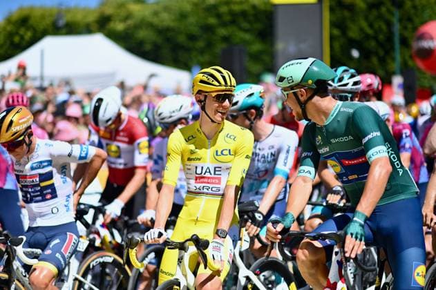 112th Tour de France 2025 - Stage 6 BAYEUX, FRANCE - JULY 10 Remco Evenepoel of Belgium and Team Soudal Quick-Step - White best young jersey, Tadej Pogacar of Slovenia and UAE Team Emirates - XRG - Yellow leader jersey and Jonathan Milan of Italy and Team Lidl - Trek - Green Sprint Jersey prior to the 112th Tour de France, Stage 6 a 201.5km stage from Bayeux to Vire Normandie UCIWT on July 10, 2025 in Bayeux, France. Photo by Franck Castel ABACAPRESS.COM Vire France  Copyright: xCastelxFranck ABACAx