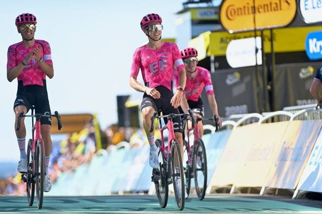 112th Tour de France 2025 - Stage 6 VIRE NORMANDIE, FRANCE - JULY 10: Alex Baudin of France, Neilson Powless of The United States and Harry Sweeny of Australia and Team EF Education - EasyPost celebrate the victory of his teammate Ben Healy of Ireland and Team EF Education - EasyPost during the 112th Tour de France, Stage 6 a 201.5km stage from Bayeux to Vire Normandie UCIWT on July 10, 2025 in Vire Normandie, France. France.Photo by Franck Castel ABACAPRESS.COM Vire France  Copyright: xCastelxFranck ABACAx