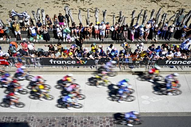 The pack of riders pictured at the start of stage seven of the 2025 Tour de France cycling, from Saint-Malo to Mur-de-Bretagne (194 km), on Friday 11 July 2025 in France. The 112th edition of the Tour de France starts on Saturday 5 July in Lille, France, and will finish in Paris, France on the 27th of July. JASPERxJACOBS  x128890650x