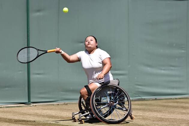 LONDON, ENGLAND - JULY 11: Wang Ziying of China competes against Kgothatso Montjane of South Africa during the Ladies Wheelchair Singles Semifinal match on day twelve of 2025 Wimbledon Championships at All England Lawn Tennis and Croquet Club on July 11, 2025 in London, England.  Copyright: xVCGx 111579023613