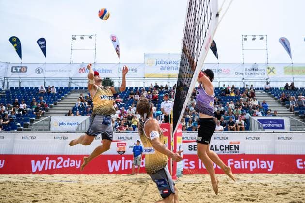 Beach volleyball, Beachvolleyball - Pro Beach Battle Masters SEEWALCHEN,AUSTRIA,11.JUL.25 - BEACH VOLLEYBALL - Beach Volleyball Tour PRO, Pro Beach Battle Masters Litzlberg. Image shows Felix Friedl and Timo Hammarberg (AUT).  GEPAxpictures xDanielaxMoser