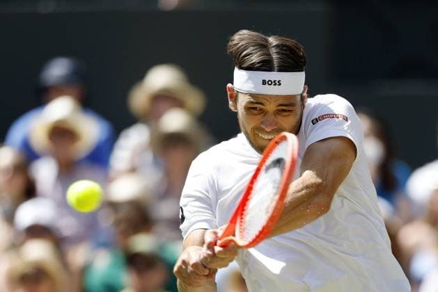 Tennis: Wimbledon championships Taylor Fritz of the United States plays against Carlos Alcaraz of Spain in the men s singles semifinals at the Wimbledon tennis tournament in London on July 11, 2025.  A14AA0004718552P