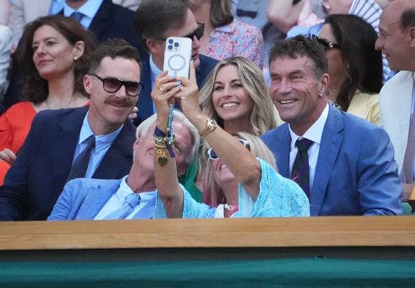 Tennis - 2025 Wimbledon Championships - Mens Semi Final - Taylor Fritz v Carlos Alcaraz All England Lawn Tennis & Croquet Club - Friday 11th July 2025 Patricia Borg takes a selfie of Bjorn Pat Cash and Charlotte Hodson and Actor, Benedict Cumberbatch in the Royal Box 