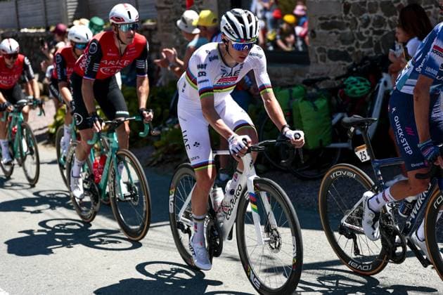 Slovenian Tadej Pogacar of UAE Team Emirates pictured in action during stage seven of the 2025 Tour de France cycling, from Saint-Malo to Mur-de-Bretagne (194 km), on Friday 11 July 2025 in France. The 112th edition of the Tour de France starts on Saturday 5 July in Lille, France, and will finish in Paris, France on the 27th of July. POOLxLUCAxBETTINI  x128900341x