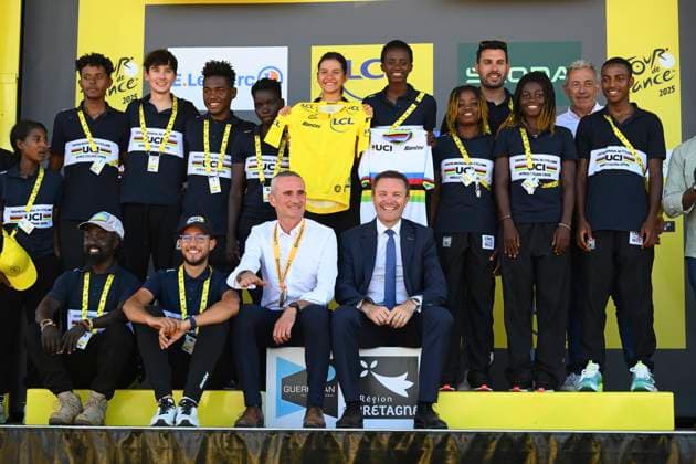 Tour de France 2025 Stage 7 MUR-DE-BRETAGNE GUERLEDAN, FRANCE - JULY 11 : Lappartient David presents the world road championships in Rwanda during stage 7 of the 112th edition of Tour de France an UCI World Tour 2.UWT cycling road race stage for Men Elite of 194 km with start in Saint-Malo and finish in Mur-de-Bretagne Guerledan on July 11, 2025 in Mur-de-Bretagne Guerledan, France, 11 07 2025 ( Motordriver Kenny Verfaillie - Mur-de-Bretagne Guerledan France  Copyright: xVincentxKalutx