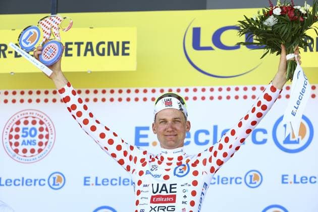 Belgian Tim Wellens of UAE Team Emirates celebrates on the podium after stage seven of the 2025 Tour de France cycling, from Saint-Malo to Mur-de-Bretagne (194 km), on Friday 11 July 2025 in France. The 112th edition of the Tour de France starts on Saturday 5 July in Lille, France, and will finish in Paris, France on the 27th of July. DAVIDxPINTENS  x128905973x