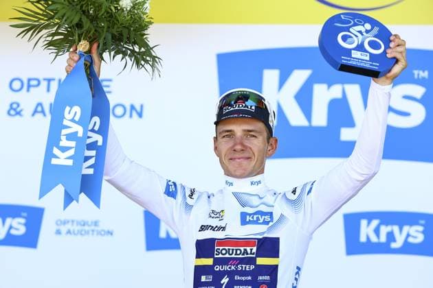 Belgian Remco Evenepoel of Soudal Quick-Step celebrates on the podium in the white jersey for best young rider after stage seven of the 2025 Tour de France cycling, from Saint-Malo to Mur-de-Bretagne (194 km), on Friday 11 July 2025 in France. The 112th edition of the Tour de France starts on Saturday 5 July in Lille, France, and will finish in Paris, France on the 27th of July. DAVIDxPINTENS  x128906978x