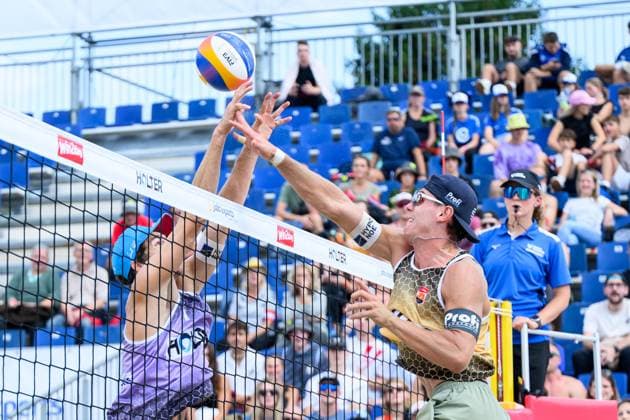 Beach volleyball, Beachvolleyball - Pro Beach Battle Masters SEEWALCHEN,AUSTRIA,11.JUL.25 - BEACH VOLLEYBALL - Beach Volleyball Tour PRO, Pro Beach Battle Masters Litzlberg. Image shows Robin Seidl and Laurenc Groessig (AUT).  GEPAxpictures xDanielaxMoser