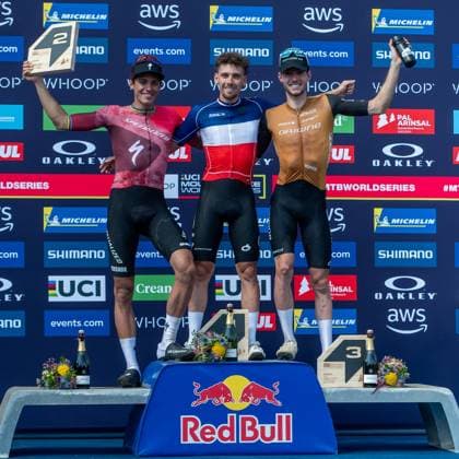 UCI Mountain Bike World Cup 2025 In Pal Arinsal, Andorra, on July 11, 2025, Luca Martin from France, Mathis Azzaro from France, the team Cannondale Factory Racing, and Martin Vidaurre Kossmann from Chile stand on the podium in the CROSS-COUNTRY SHORT TRACK Men Elite during the UCI Mountain Bike World Cup Andorra 2025. Pal Andorra  Copyright: xMartinxSilvaxCosentinox originalFilename:silvacosentino-lucamart250711_npZyx.jpg