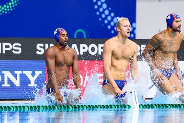 Max Irving of USA, Dylan Woodhead of USA Canada v United States, Water polo, Wasserball Singapore 2025 World Aquatics Championships, OCBC Aquatic Centre, July 12, 2025, Singapore, Singapore.