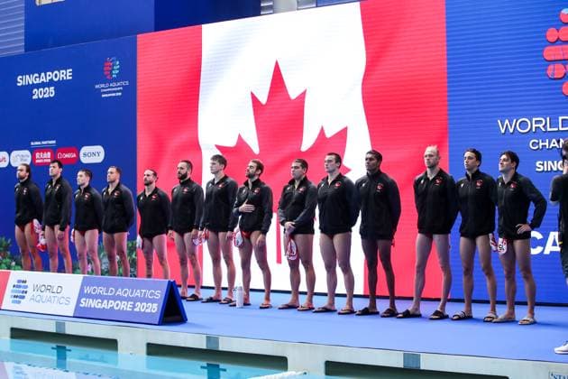 Milan Radenovic of Canada, Ali Oussadou of Canada, Bogdan Djerkovic of Canada, Jeremie Cote of Canada, Nikolas Gerakoudis of Canada, David Lapins of Canada, Roko Pozaric of Canada, cc8 , Aleksa Gardijan of Canada, Jason O™Donnell of Canada, Reuel D Souza of Canada, Brody Mc Knight of Canada, Andrej Gavric of Canada, Leo Hachem of Canada Canada v United States, Water polo, Wasserball Singapore 2025 World Aquatics Championships, OCBC Aquatic Centre, July 12, 2025, Singapore, Singapore.