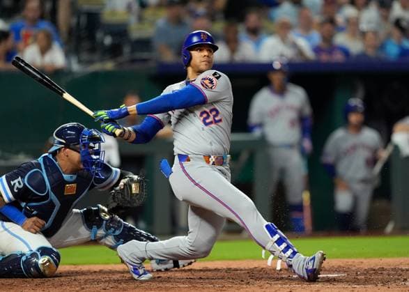 July 11, 2025: New York Mets outfielder Juan Soto (22) drives a pitch to deep center field. against the Royals at Kauffman Stadium Kansas City, Missouri. CSM. Kansas City United States - ZUMAc04_ 20250711_zma_c04_057 Copyright: xJonxRobichaudx