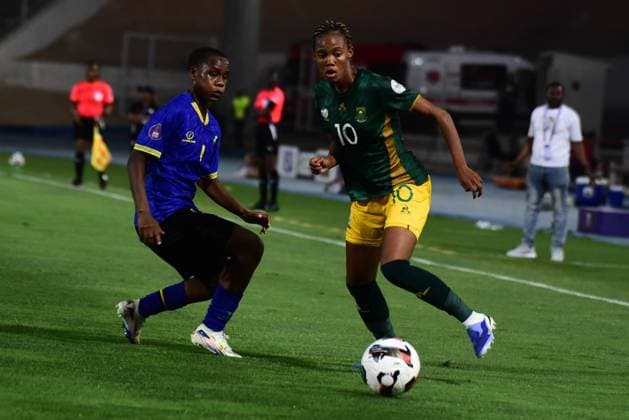 OUJDA, MOROCCO - JULY 11: Linda Motlhalo of Bambanani Mbane of South Africa and Lidya Kabambo of Tanzania during the 2025 Women s Africa Cup of Nations (WAFCON) match between Tanzania and South Africa at Honor Stadium on July 11, 2025 in Oujda, Morocco. (Photo by Seyi Victor Gallo Images Copyright: xx