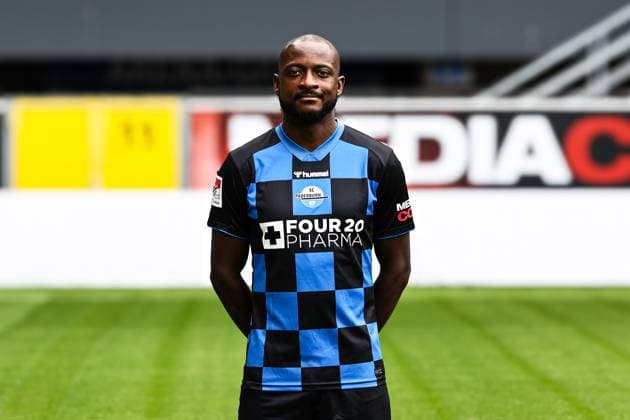 David Kinsombi, SC Paderborn - 2. Fussball Bundesliga Porträttermin 2. BL 2025 2026 offizieller Fototermin SC Paderborn in der Home Deluxe Arena in Paderborn - Porträt, Portrait, Einzelbild, Deutschland, Fussball, Maenner, GER, 11.07.2025