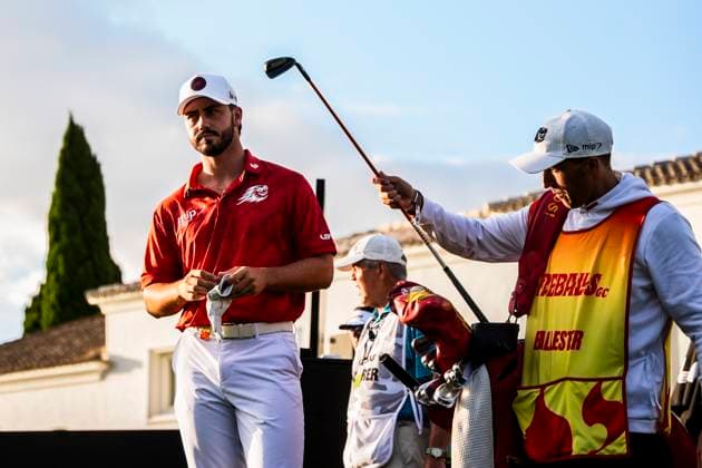 July 12, 2025, Cadiz, Cadiz, SPAIN: Josele Ballester of Fireball team in actions during day one resume game for weather yesterday of the LIV Golf Andalucia at Golf Club Royal of Valderrama on July 12, 2025 in Cadiz, Spain. Cadiz SPAIN - ZUMAa181 20250712_zaa_a181_050 Copyright: xJoaquinxCorcherox