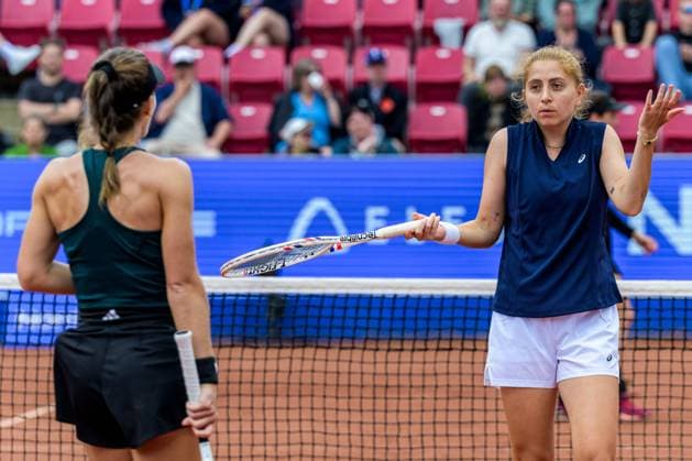 250712 Berfu Cengiz of Turkey reacts during the double final of Nordea Open on July 12, 2025 in Bastad. Photo: Mathilda Schuler BILDBYRAN kod MA MA0844 tennis WTA, Tennis Damen 125 nordea open dubbelfinal dam bbeng Copyright: MATHILDAxSCHULER BB250712MA016
