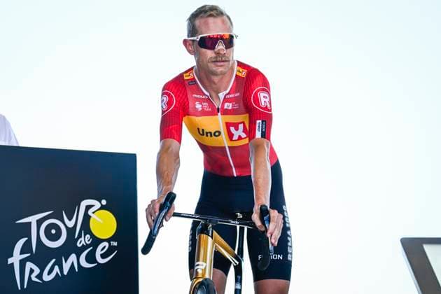 Tour de France 2025 Stage 8 LAVAL ESPACE MAYENNE, FRANCE - JULY 12 : Cort Magnus (DEN) of Uno-X Mobility on stage before the start of the race during stage 8 of the 112th edition of Tour de France an UCI World Tour 2.UWT cycling road race stage for Men Elite of 174 km with start in Saint-Meen-le-Grand and finish in Laval Espace Mayenne on July 12, 2025 in Laval Espace Mayenne, France, 12 07 2025 ( Motordriver Kenny Verfaillie - Laval Espace Mayenne France  Copyright: xJanxDexMeuleneirx