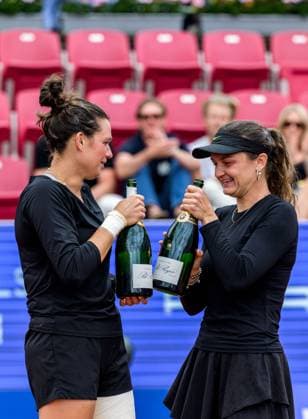 250712 Jesika Maleckova of Czech Republic and Miriam Skoch of Czech Republic celebrates after the double final of Nordea Open on July 12, 2025 in Bastad. Photo: Mathilda Schuler BILDBYRAN kod MA MA0844 tennis WTA, Tennis Damen 125 nordea open dubbelfinal dam bbeng jubel Copyright: MATHILDAxSCHULER BB250712MA033
