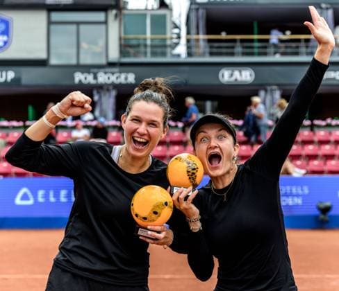 250712 Jesika Maleckova of Czech Republic and Miriam Skoch of Czech Republic celebrate after winning during the double final of Nordea Open on July 12, 2025 in Bastad. Photo: Mathilda Schuler BILDBYRAN kod MA MA0844 tennis WTA, Tennis Damen 125 nordea open dubbelfinal dam bbeng jubel Copyright: MATHILDAxSCHULER BB250712MA045
