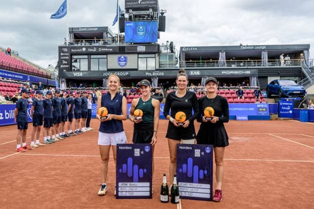 250712 Irene Burillo of Spain and Berfu Cengiz of Turkey and Jesika Maleckova of Czech Republic and Miriam Skoch of Czech Republic after the double final of Nordea Open on July 12, 2025 in Bastad. Photo: Mathilda Schuler BILDBYRAN kod MA MA0844 tennis WTA, Tennis Damen 125 nordea open dubbelfinal dam bbeng Copyright: MATHILDAxSCHULER BB250712MA046
