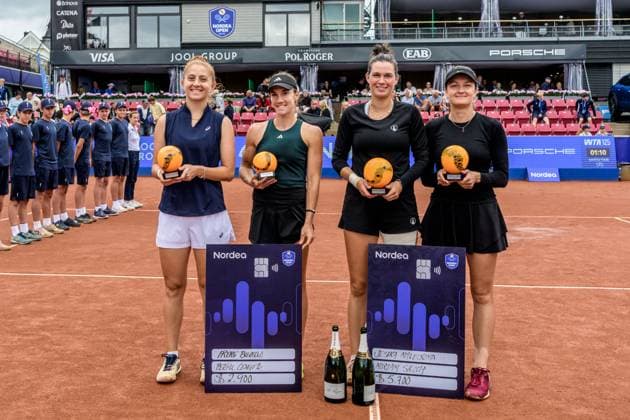250712 Irene Burillo of Spain and Berfu Cengiz of Turkey and Jesika Maleckova of Czech Republic and Miriam Skoch of Czech Republic after the double final of Nordea Open on July 12, 2025 in Bastad. Photo: Mathilda Schuler BILDBYRAN kod MA MA0844 tennis WTA, Tennis Damen 125 nordea open dubbelfinal dam bbeng Copyright: MATHILDAxSCHULER BB250712MA048