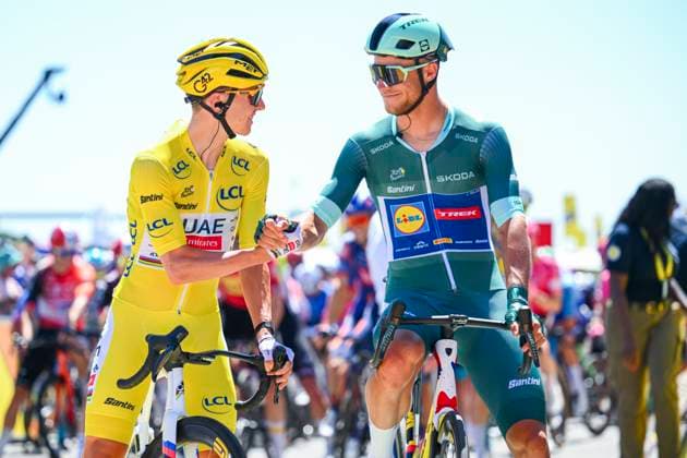 Tour de France 2025 Stage 8 LAVAL ESPACE MAYENNE, FRANCE - JULY 12 : Milan Jonathan (BEL) of Lidl - Trek, Pogacar Tadej (SLO) of UAE Team Emirates - XRG at the start line during stage 8 of the 112th edition of Tour de France an UCI World Tour 2.UWT cycling road race stage for Men Elite of 174 km with start in Saint-Meen-le-Grand and finish in Laval Espace Mayenne on July 12, 2025 in Laval Espace Mayenne, France, 12 07 2025 ( Motordriver Kenny Verfaillie - Laval Espace Mayenne France  Copyright: xVincentxKalutx