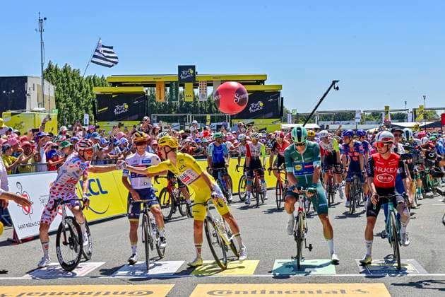 Tour de France 2025 Stage 8 LAVAL ESPACE MAYENNE, FRANCE - JULY 12 : Wellens Tim (BEL) of UAE Team Emirates - XRG, Pogacar Tadej (SLO) of UAE Team Emirates - XRG, Evenepoel Remco (BEL) of Soudal - Quick Step, Milan Jonathan (BEL) of Lidl - Trek, Costiou Ewen (FRA) of Arkea - B&B Hotels at the start line during stage 8 of the 112th edition of Tour de France an UCI World Tour 2.UWT cycling road race stage for Men Elite of 174 km with start in Saint-Meen-le-Grand and finish in Laval Espace Mayenne on July 12, 2025 in Laval Espace Mayenne, France, 12 07 2025 ( Motordriver Kenny Verfaillie - Laval Espace Mayenne France  Copyright: xPetexGodingx