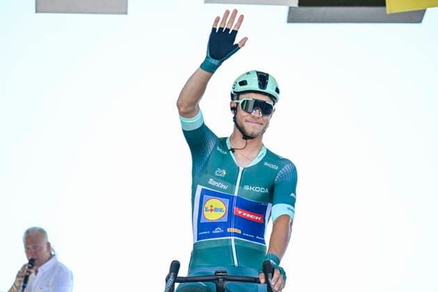 Tour de France 2025 Stage 8 LAVAL ESPACE MAYENNE, FRANCE - JULY 12 : Milan Jonathan (BEL) of Lidl - Trek on stage before the start of the race during stage 8 of the 112th edition of Tour de France an UCI World Tour 2.UWT cycling road race stage for Men Elite of 174 km with start in Saint-Meen-le-Grand and finish in Laval Espace Mayenne on July 12, 2025 in Laval Espace Mayenne, France, 12 07 2025 ( Motordriver Kenny Verfaillie - Laval Espace Mayenne France  Copyright: xJanxDexMeuleneirx