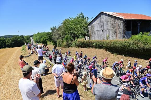 The pack of riders pictured in action during stage eight of the 2025 Tour de France cycling, from Saint-Meen-le-Grand to Laval Espace Mayenne (174 km), on Saturday 12 July 2025 in France. The 112th edition of the Tour de France starts on Saturday 5 July in Lille, France, and will finish in Paris, France on the 27th of July. POOLxxPOOLxPETExGODING  x128967898x