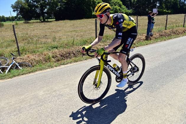 American Matteo Jorgenson of Team Visma-Lease a Bike pictured in action during stage eight of the 2025 Tour de France cycling, from Saint-Meen-le-Grand to Laval Espace Mayenne (174 km), on Saturday 12 July 2025 in France. The 112th edition of the Tour de France starts on Saturday 5 July in Lille, France, and will finish in Paris, France on the 27th of July. POOLxxPOOLxPETExGODING  x128971086x