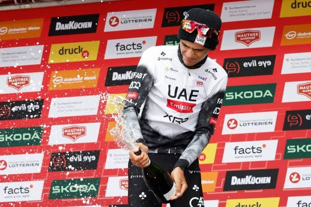 CYCLING - Tour of Austria 2025 KUEHTAI,AUSTRIA,12.JUL.25 - CYCLING - Tour of Austria, stage 3, Innsbruck - Kuehtai. Image shows the rejoicing of Isaac del Toro (MEX UAE TEAM EMIRATES XRG). keywords: award ceremony.  GEPAxpictures xMichaelxKristen