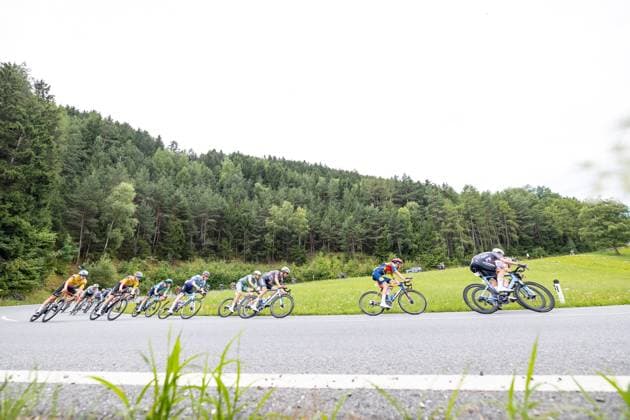 12.07.2025, Kühtai, AUT, Tour of Austria 2025, Etappe 4 von Innsbruck nach Kühtai (117,1 km), im Bild Lennert Belmans (BEL, ALPECIN-DECEUNINCK), Paul Verbnjak (AUT, LIDL-TREK), Luca Vergallito (ITA, ALPECIN-DECEUNINCK) bei Unterperfuss Lennert Belmans (BEL, ALPECIN-DECEUNINCK), Paul Verbnjak (AUT, LIDL-TREK), Luca Vergallito (ITA, ALPECIN-DECEUNINCK) bei Unterperfuss during the stage 4 from Innsbruck to Kühtai (117,1 km) of the Tour of Austria. Kühtai, Austria on 2025 07 12. Expa Kühtai