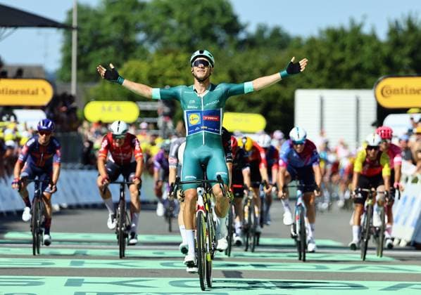 Italian Jonathan Milan of Lidl-Trek celebrates after winning stage eight of the 2025 Tour de France cycling, from Saint-Meen-le-Grand to Laval Espace Mayenne (174 km), on Saturday 12 July 2025 in France. The 112th edition of the Tour de France starts on Saturday 5 July in Lille, France, and will finish in Paris, France on the 27th of July. DAVIDxPINTENS  x128982483x