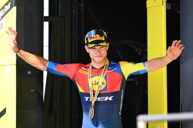 Tour de France 2025 Stage 8 LAVAL ESPACE MAYENNE, FRANCE - JULY 12 : Milan Jonathan (BEL) of Lidl - Trek on the podium during stage 8 of the 112th edition of Tour de France an UCI World Tour 2.UWT cycling road race stage for Men Elite of 174 km with start in Saint-Meen-le-Grand and finish in Laval Espace Mayenne on July 12, 2025 in Laval Espace Mayenne, France, 12 07 2025 ( Motordriver Kenny Verfaillie - Laval Espace Mayenne France  Copyright: xVincentxKalutx